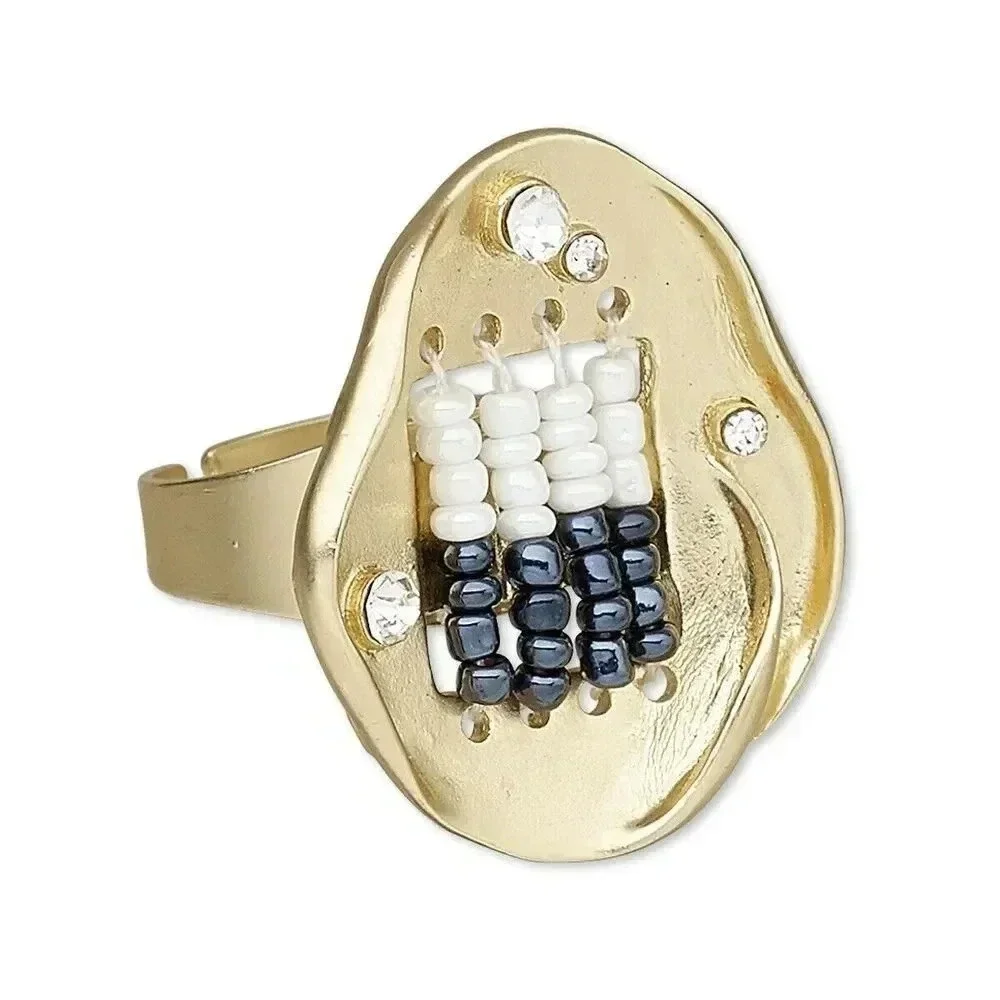 Baroque Crystal Glass Beads Gold Plated Metal Adjustable Statement Cocktail Ring